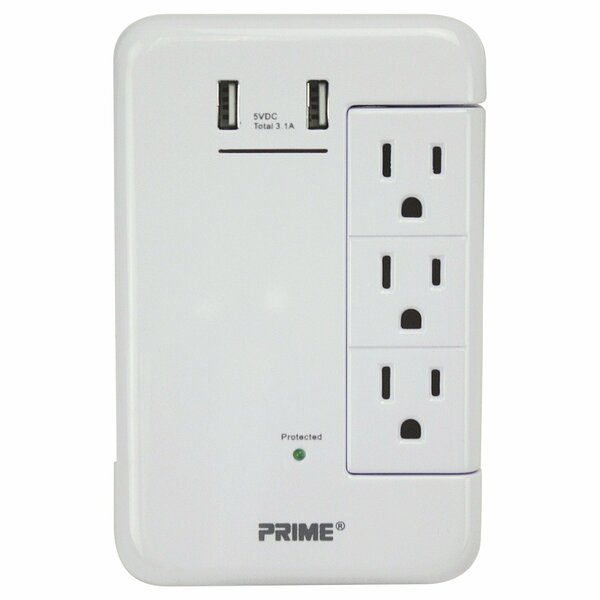 Prime 6-Outlet Wall Tap with 1,200-Joule Surge Protection and Dual USB Charger PBRUSB346S